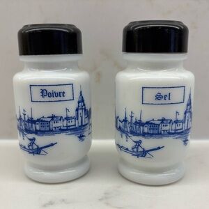Vintage Milk Glass Salt and Pepper in Dutch French German Delft Style Blue Bay